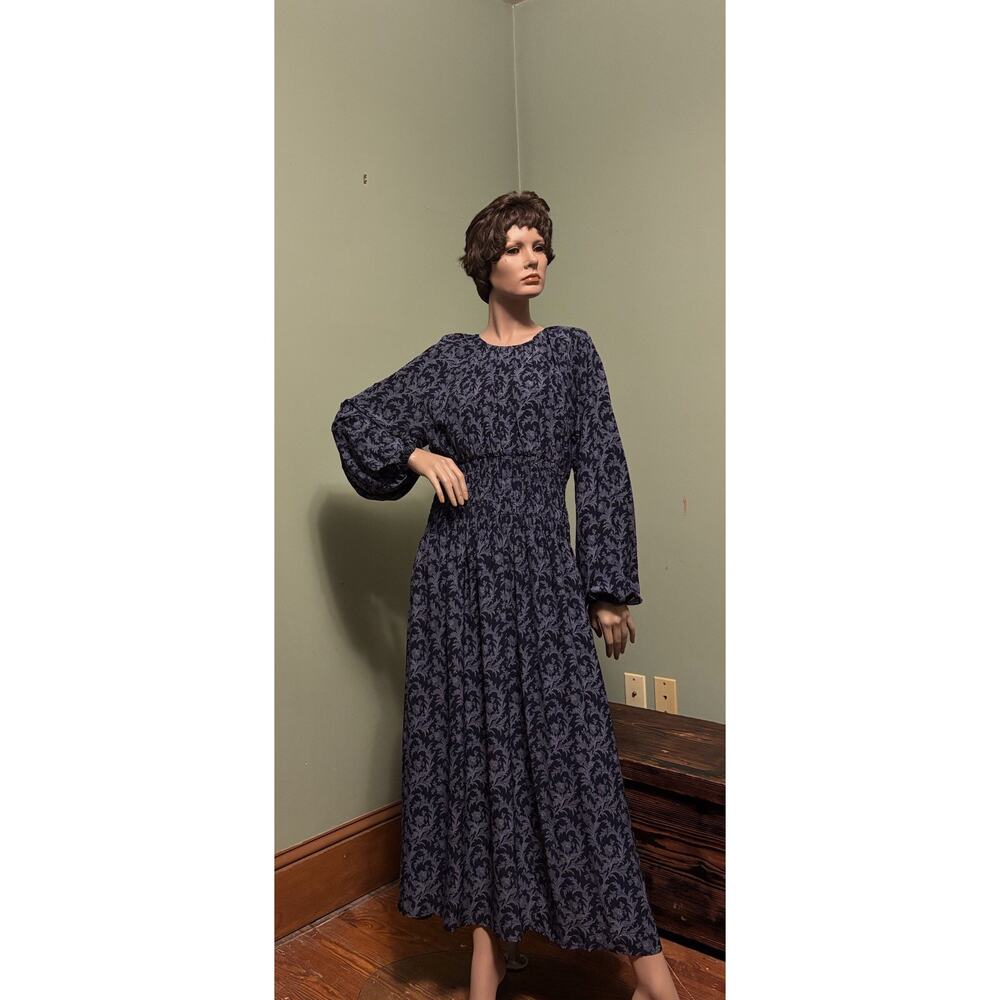 Madewell Blue Floral Crepe De Chine Peasant-Sleeve Smocked Midi DRESS Sz M NWT